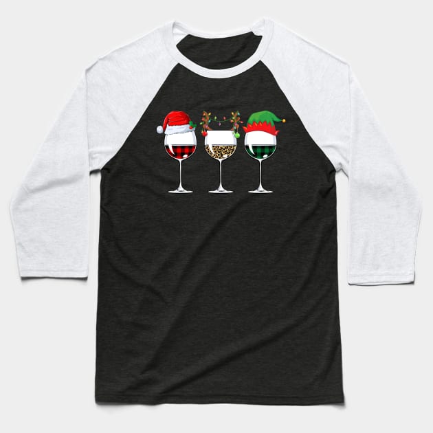 Buffalo Plaid Leopard Wine Glasses Santa Elf Reindeer Christmas Baseball T-Shirt by Magazine